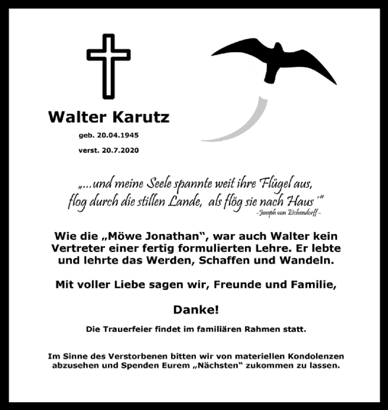  Traueranzeige für Walter Karutz vom 29.07.2020 aus Neue Osnabrücker Zeitung GmbH & Co. KG