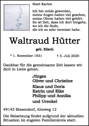 Traueranzeige von Waltraud Hütter von Neue Osnabrücker Zeitung GmbH & Co. KG