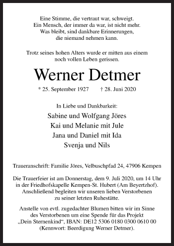 Traueranzeige von Werner Detmer von Neue Osnabrücker Zeitung GmbH & Co. KG