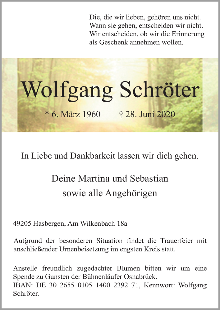  Traueranzeige für Wolfgang Schröter vom 04.07.2020 aus Neue Osnabrücker Zeitung GmbH & Co. KG