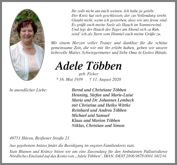 Traueranzeige von Adele Többen von Neue Osnabrücker Zeitung GmbH & Co. KG