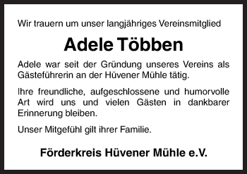 Traueranzeige von Adele Többen von Neue Osnabrücker Zeitung GmbH & Co. KG