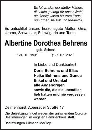 Traueranzeige von Albertine Dorothea Behrens von Neue Osnabrücker Zeitung GmbH & Co. KG