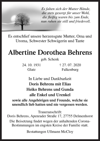 Traueranzeige von Albertine Dorothea Behrens von Neue Osnabrücker Zeitung GmbH & Co. KG