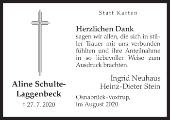 Traueranzeige von Aline Schulte-Laggenbeck von Neue Osnabrücker Zeitung GmbH & Co. KG
