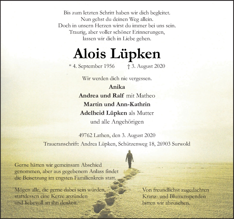  Traueranzeige für Alois Lüpken vom 05.08.2020 aus Neue Osnabrücker Zeitung GmbH & Co. KG