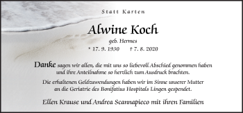 Traueranzeige von Alwine Koch von Neue Osnabrücker Zeitung GmbH & Co. KG