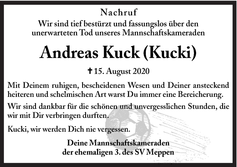  Traueranzeige für Andreas Kuck vom 26.08.2020 aus Neue Osnabrücker Zeitung GmbH & Co. KG