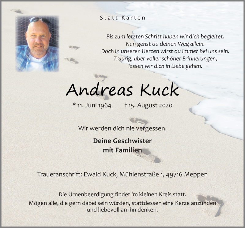  Traueranzeige für Andreas Kuck vom 19.08.2020 aus Neue Osnabrücker Zeitung GmbH & Co. KG