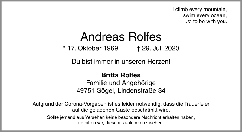  Traueranzeige für Andreas Rolfes vom 04.08.2020 aus Neue Osnabrücker Zeitung GmbH & Co. KG