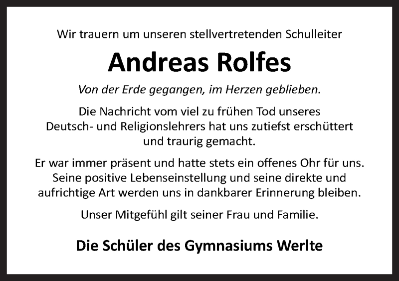  Traueranzeige für Andreas Rolfes vom 06.08.2020 aus Neue Osnabrücker Zeitung GmbH & Co. KG