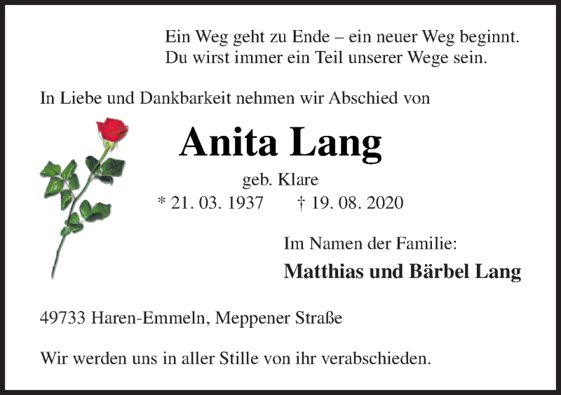  Traueranzeige für Anita Lang vom 29.08.2020 aus Neue Osnabrücker Zeitung GmbH & Co. KG