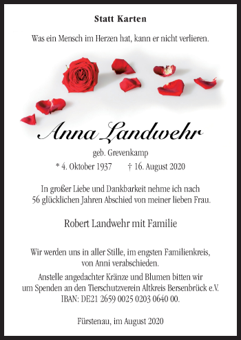 Traueranzeige von Anna Landwehr von Neue Osnabrücker Zeitung GmbH & Co. KG