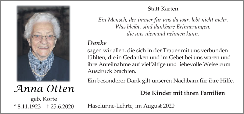 Traueranzeige für Anna Otten vom 08.08.2020 aus Neue Osnabrücker Zeitung GmbH & Co. KG