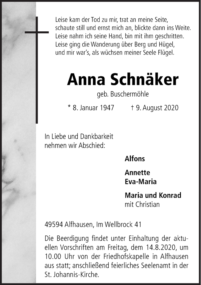  Traueranzeige für Anna Schnäker vom 12.08.2020 aus Neue Osnabrücker Zeitung GmbH & Co. KG
