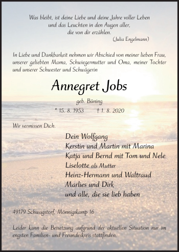 Traueranzeige von Annegret Jobs von Neue Osnabrücker Zeitung GmbH & Co. KG