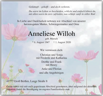 Traueranzeige von Anneliese Willoh von Neue Osnabrücker Zeitung GmbH & Co. KG