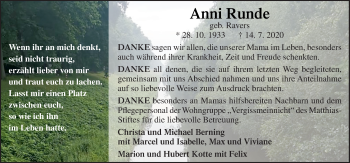 Traueranzeige von Anni Runde von Neue Osnabrücker Zeitung GmbH & Co. KG