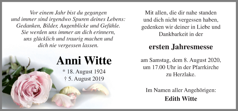  Traueranzeige für Anni Witte vom 05.08.2020 aus Neue Osnabrücker Zeitung GmbH & Co. KG