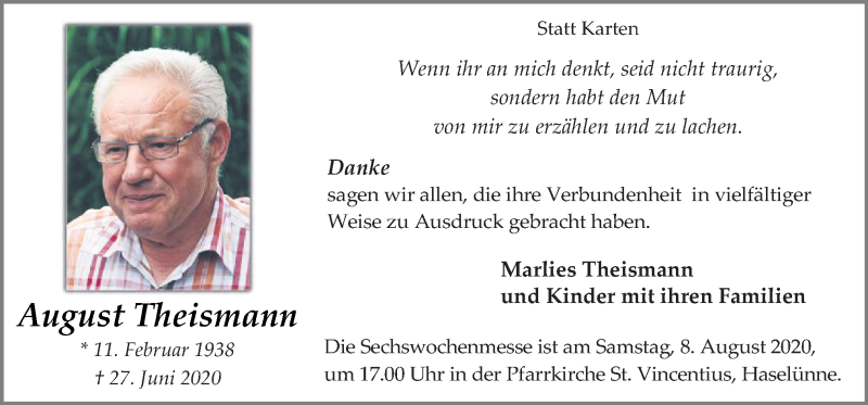  Traueranzeige für August Theismann vom 05.08.2020 aus Neue Osnabrücker Zeitung GmbH & Co. KG