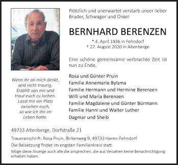 Traueranzeige von Bernhard Berenzen von Neue Osnabrücker Zeitung GmbH & Co. KG