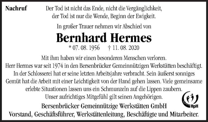  Traueranzeige für Bernhard Hermes vom 17.08.2020 aus Neue Osnabrücker Zeitung GmbH & Co. KG