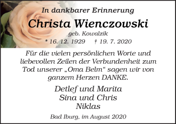 Traueranzeige von Christa Wienczowski von Neue Osnabrücker Zeitung GmbH & Co. KG