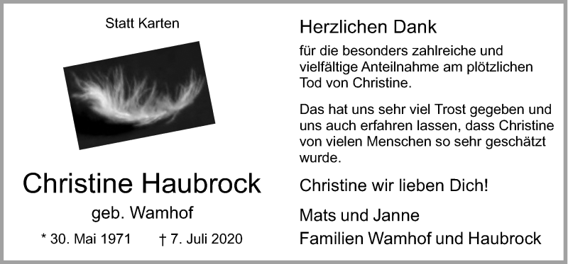  Traueranzeige für Christine Haubrock vom 29.08.2020 aus Neue Osnabrücker Zeitung GmbH & Co. KG