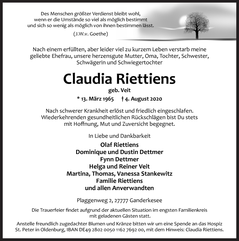  Traueranzeige für Claudia Riettiens vom 08.08.2020 aus Neue Osnabrücker Zeitung GmbH & Co. KG