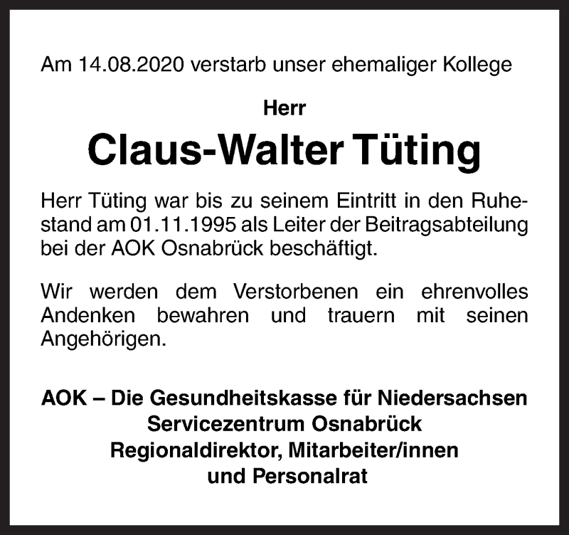  Traueranzeige für Claus-Walter Tüting vom 29.08.2020 aus Neue Osnabrücker Zeitung GmbH & Co. KG