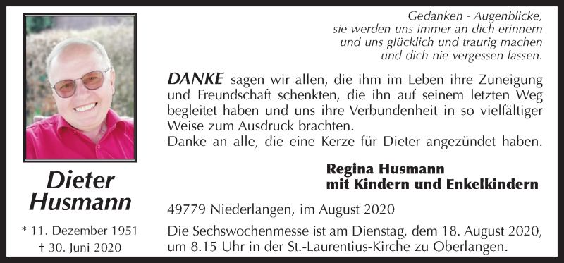  Traueranzeige für Dieter Husmann vom 12.08.2020 aus Neue Osnabrücker Zeitung GmbH & Co. KG