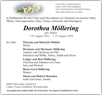 Traueranzeige von Dorothea Möllering von Neue Osnabrücker Zeitung GmbH & Co. KG