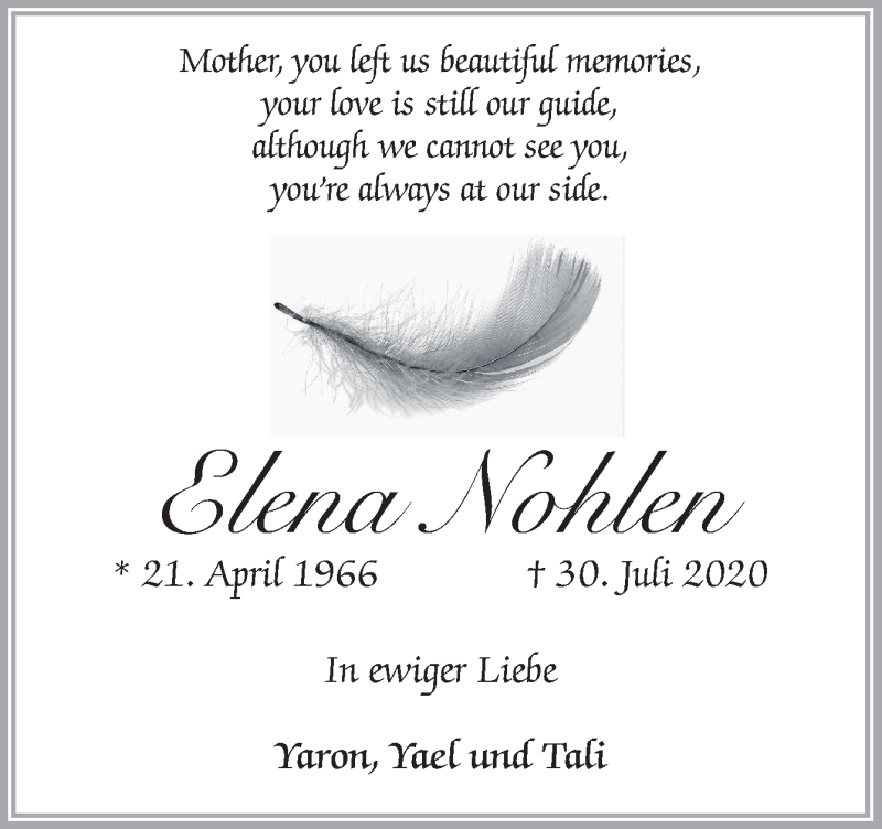  Traueranzeige für Elena Nohlen vom 08.08.2020 aus Neue Osnabrücker Zeitung GmbH & Co. KG