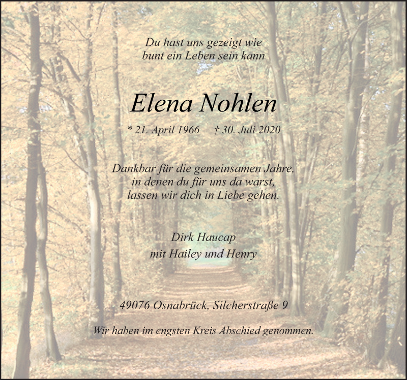  Traueranzeige für Elena Nohlen vom 15.08.2020 aus Neue Osnabrücker Zeitung GmbH & Co. KG