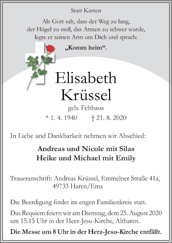 Traueranzeige von Elisabeth Krüssel von Neue Osnabrücker Zeitung GmbH & Co. KG