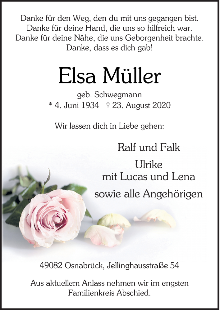  Traueranzeige für Elsa Müller vom 29.08.2020 aus Neue Osnabrücker Zeitung GmbH & Co. KG