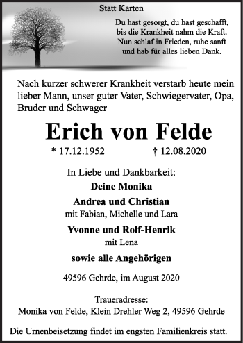 Traueranzeige von Erich von Felde von Neue Osnabrücker Zeitung GmbH & Co. KG