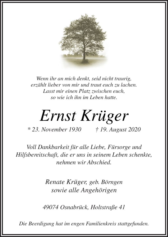  Traueranzeige für Ernst Krüger vom 29.08.2020 aus Neue Osnabrücker Zeitung GmbH & Co. KG