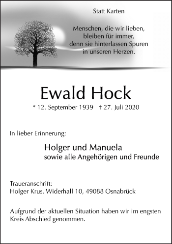 Traueranzeige von Ewald Hock von Neue Osnabrücker Zeitung GmbH & Co. KG