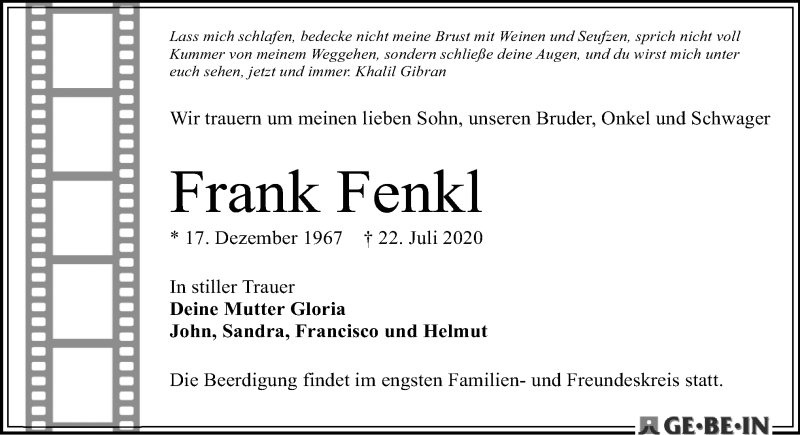  Traueranzeige für Frank Fenkl vom 08.08.2020 aus Neue Osnabrücker Zeitung GmbH & Co. KG