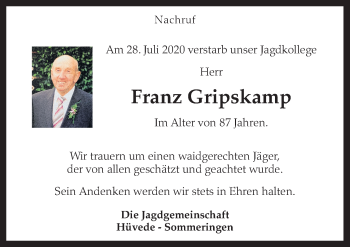 Traueranzeige von Franz Gripskamp von Neue Osnabrücker Zeitung GmbH & Co. KG