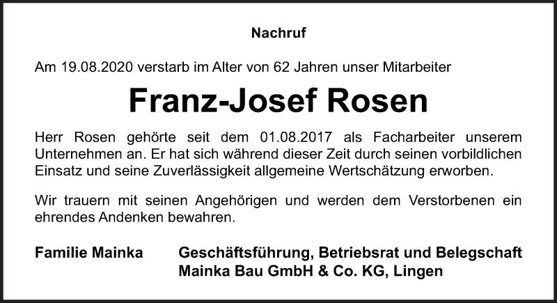  Traueranzeige für Franz-Josef Rosen vom 25.08.2020 aus Neue Osnabrücker Zeitung GmbH & Co. KG