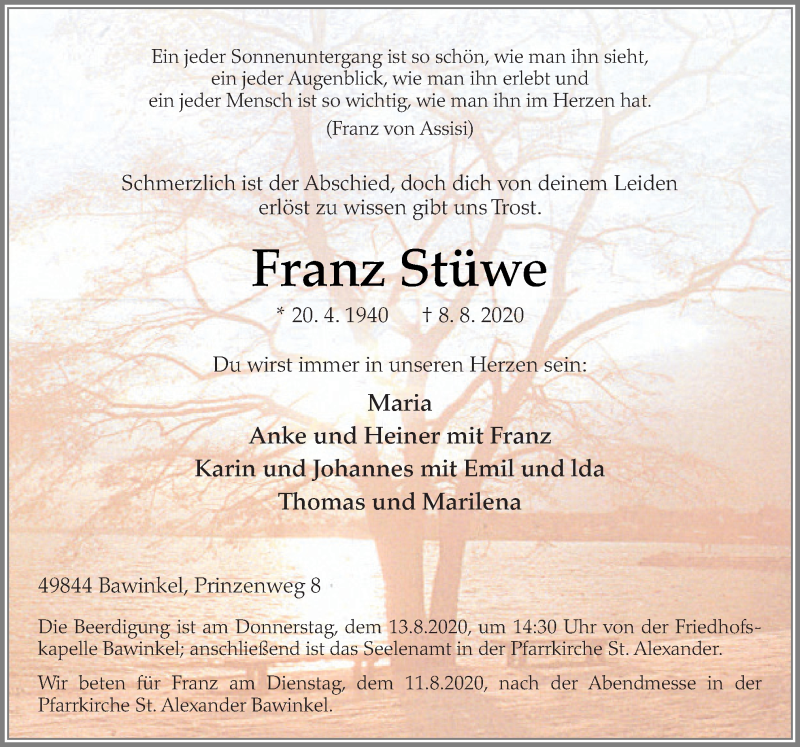  Traueranzeige für Franz Stüwe vom 10.08.2020 aus Neue Osnabrücker Zeitung GmbH & Co. KG