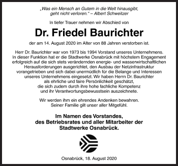 Traueranzeige von Friedel Baurichter von Neue Osnabrücker Zeitung GmbH & Co. KG