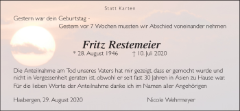 Traueranzeige von Fritz Restemeier von Neue Osnabrücker Zeitung GmbH & Co. KG
