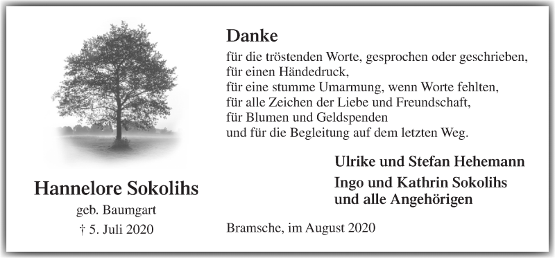  Traueranzeige für Hannelore Sokolihs vom 22.08.2020 aus Neue Osnabrücker Zeitung GmbH & Co. KG