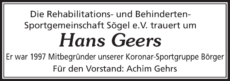  Traueranzeige für Hans Geers vom 07.08.2020 aus Neue Osnabrücker Zeitung GmbH & Co. KG