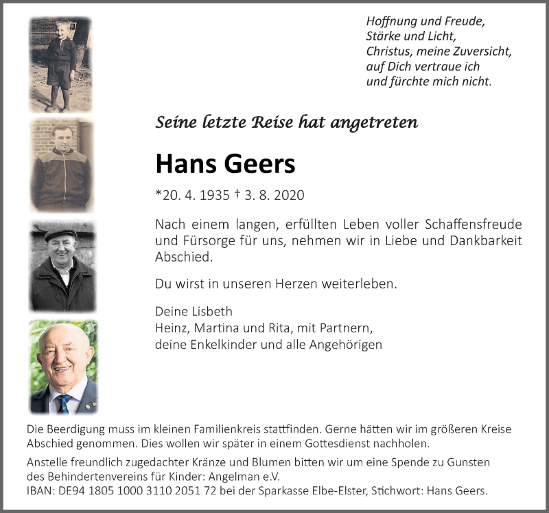  Traueranzeige für Hans Geers vom 05.08.2020 aus Neue Osnabrücker Zeitung GmbH & Co. KG
