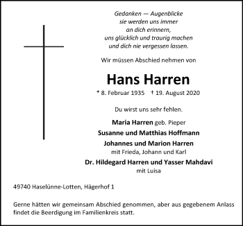 Traueranzeige von Hans Harren von Neue Osnabrücker Zeitung GmbH & Co. KG