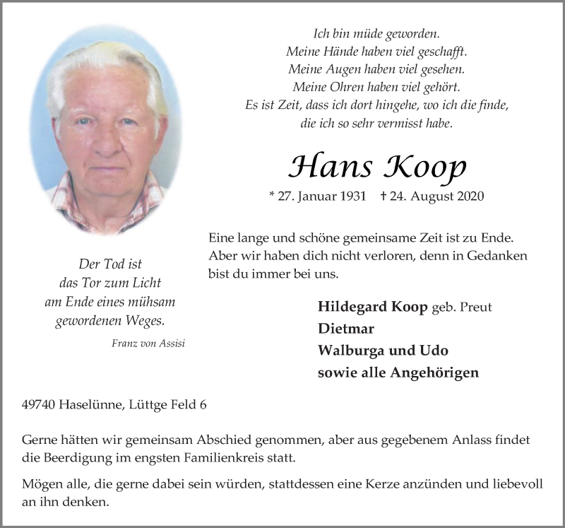  Traueranzeige für Hans Koop vom 26.08.2020 aus Neue Osnabrücker Zeitung GmbH & Co. KG